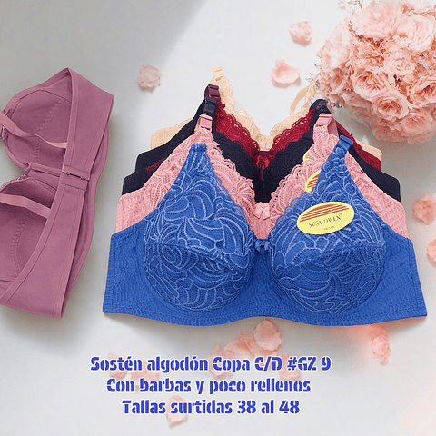 Sostén algodón Copa C/D con barbas y poco rellenos tallas y colores surtidas la docena 