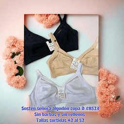 Sostén copa D algodón señora # 8523 tallas y colores surtidas la docena 