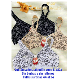 Sostén copa E algodón señora # 825 tallas y colores surtidas la docena 