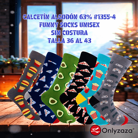 CALCETAS ALGODÓN 63% #1355-4 FUNNY SOCKS UNISEX SIN COSTURA MARCA ONLY ZAZA 36/43 LA DOCENA 