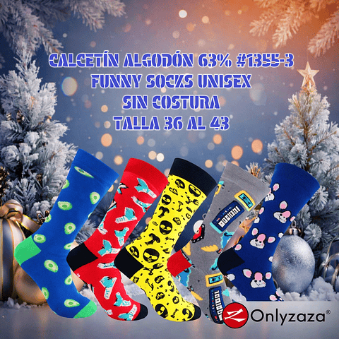 CALCETAS ALGODÓN 63% #1355-3 FUNNY SOCKS UNISEX SIN COSTURA MARCA ONLY ZAZA 36/43 LA DOCENA 