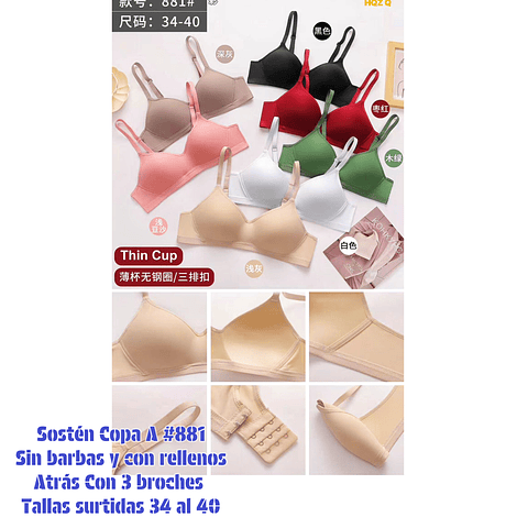Sostén Copa A sin barbas y con rellenos talas y colores surtidas la docena