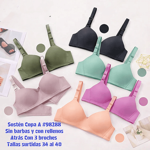 Sostén Copa A sin barbas y con rellenos talas y colores surtidas la docena