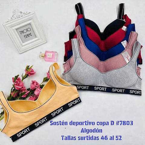 Sostén deportivo copa D #7803 tallas y colores surtidas la docena 
