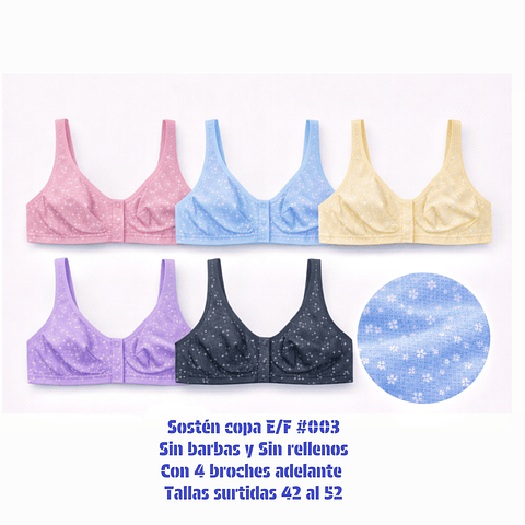 Sostén señora algodón Copa E/F con broches adelante tallas y surtidas la docena 