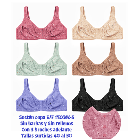 Sostén señora algodón Copa E/F con broches adelante tallas y surtidas la docena 