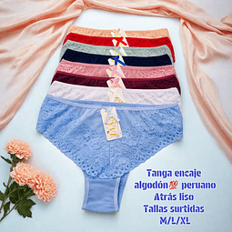 Tanga con encaje algodón💯 peruano tallas  y colores surtidas la docena 