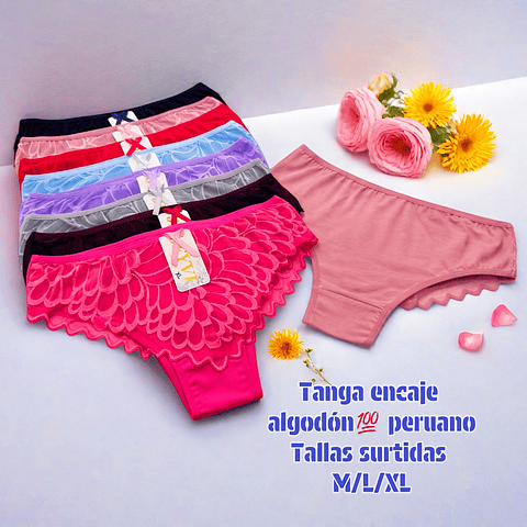 Tanga con encaje algodón💯 peruano tallas  y colores surtidas la docena 