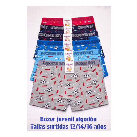 Bóxer juvenil algodón tallas y colores surtidas la docena 