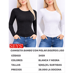 Camiseta SEYS Dama BAMBÚ CON POLAR 3459 Diseño LISO Tallas surtidas y colores 8 NEGRA+4 BLANCA la docena 