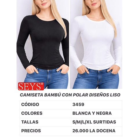 Camiseta SEYS Dama BAMBÚ CON POLAR 3459 Diseño LISO Tallas surtidas y colores 8 NEGRA+4 BLANCA la docena 