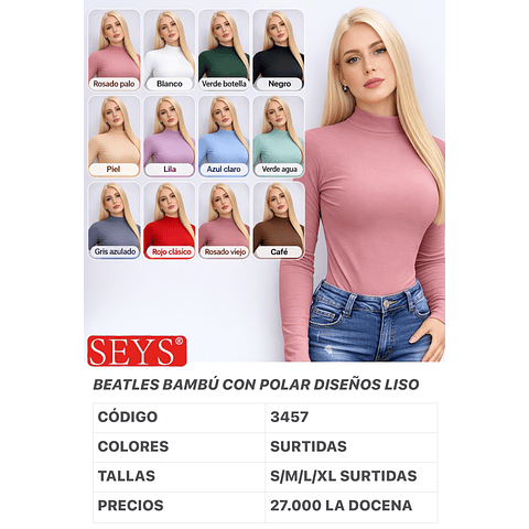 Beatles SEYS Dama BAMBÚ CON POLAR 3457 Diseño LISO Tallas y colores surtidas la docena 