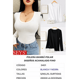 Camiseta SEYS Dama BAMBÚ CON POLAR 3401 Diseño Acanalado Fino Tallas surtidas y colores 8 NEGRA+4 BLANCA la docena 