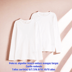 Poleras algodón blanca niñ@ unisex cuello redondo tallas surtidas la docena 