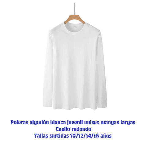Poleras algodón blanca juvenil unisex cuello redondo tallas surtidas la docena 