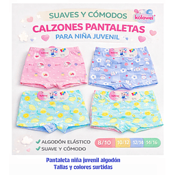 Pantaleta juvenil algodón premium talas real 8/10.10/12.12/14.14/16 años surtidas la docena 