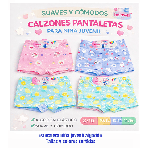Pantaleta juvenil algodón premium talas real 8/10.10/12.12/14.14/16 años surtidas la docena 