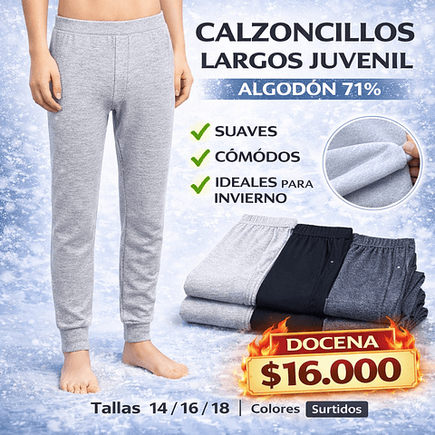 Calzoncillos largos juvenil algodón 71%  tallas y colores surtidas la docena 