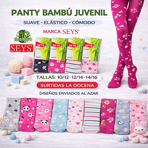 Pantys juvenil Bambú tallas y colores surtidas la docena