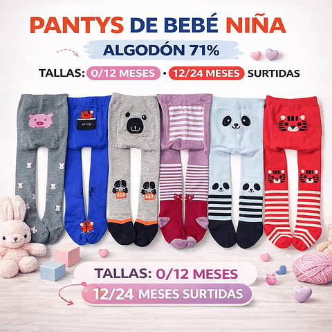 Pantys Bebe niña algodón 71% tallas y colores surtidas la docena