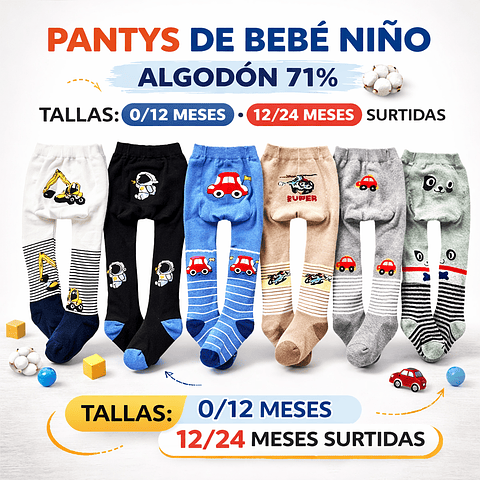 Pantys Bebe niño algodón 71% tallas y colores surtidas la docena