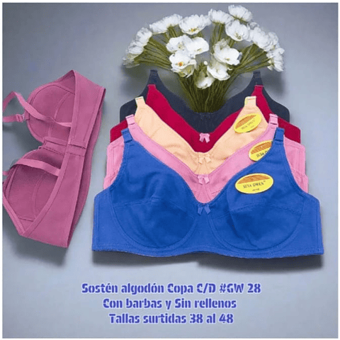 Sostén algodón Copa C/D con barbas y sin rellenos tallas y colores surtidas la docena