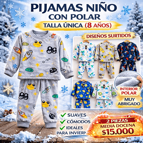 Pijamas niño (6 unidas) térmicas con polar para 6/8 años 