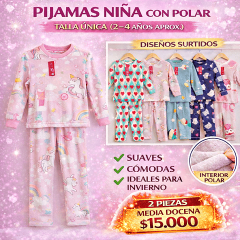 Pijamas niña (6 unidas) térmicas con polar para 2/4 años 