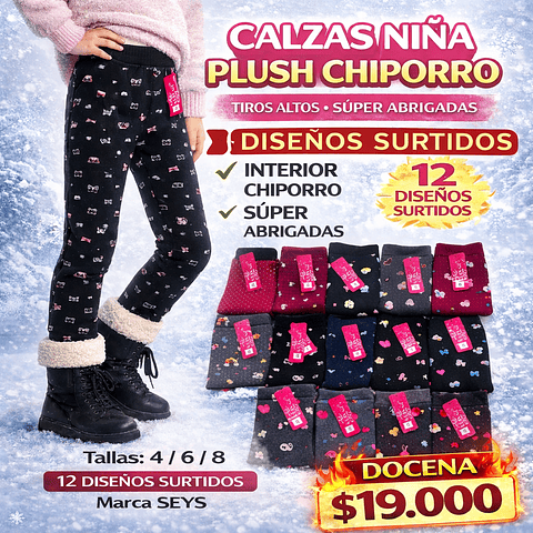 Calzas niña interior plush Chiporro tallas 4/6/8 surtidas la docena 