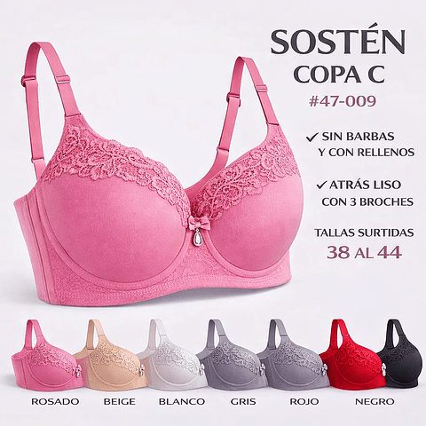 Sostén Copa C sin barbas y con rellenos tallas y colores surtidas la docena 