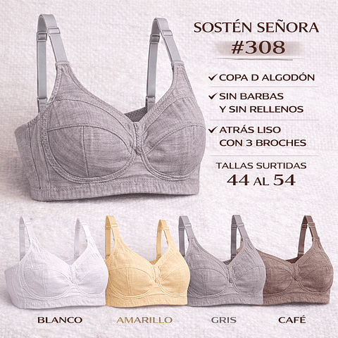 Sostén señora algodón Copa D sin barbas y sin rellenos tallas y colores surtidas la docena 