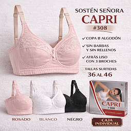 Sostén señora CAPRI algodón Copa B sin barbas y sin rellenos tallas y colores surtidas la docena 
