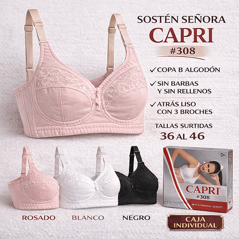 Sostén señora CAPRI algodón Copa B sin barbas y sin rellenos tallas y colores surtidas la docena 