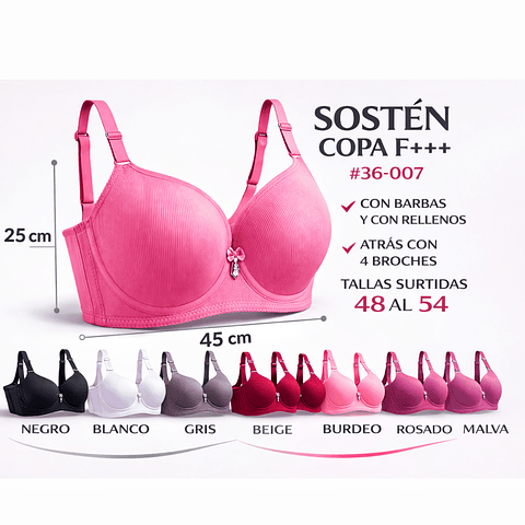 Sostén COPA ESPECIAL F+++ con barbas y con rellenos tallas y colores surtidas la docena 
