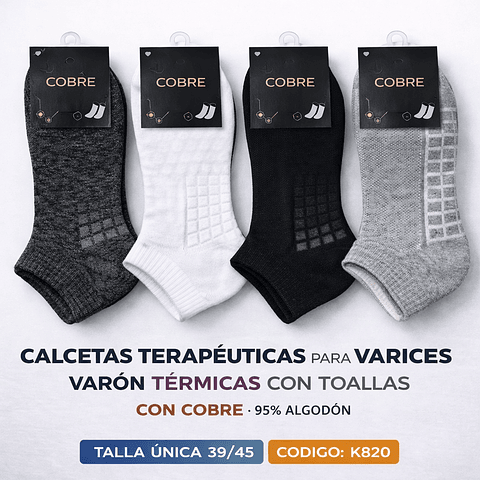 Calcetas terapéuticas para varices varón térmicas con toallas y cobre #K820 Talla única 39/45 la docena 