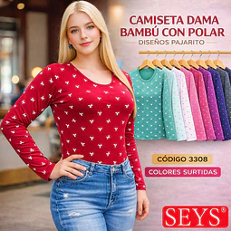 Camiseta SEYS Dama 3308 bambú con polar Diseños pajaritos tallas y colores surtidas la docena
