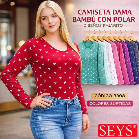 Camiseta SEYS Dama 3308 bambú con polar Diseños pajaritos TALLAS ÚNICA M y colores surtidos la docena
