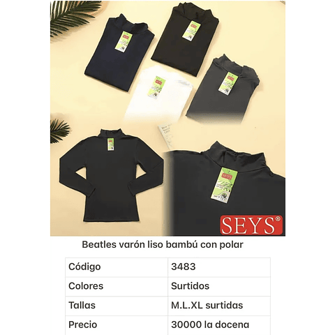 BEATLES SEYS VARON LISO 3483 BAMBÚ CON POLAR TALLAS Y COLORES SURTIDAS LA DOCENA