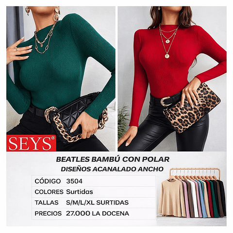 BEATLES DAMA 3504 BAMBÚ CON POLAR DISEÑOS ACANALADO ANCHO TALLAS Y COLORES SURTIDAS LA DOCENA 