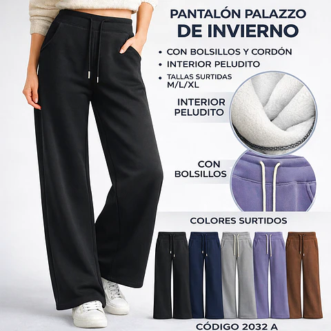 Pantalón palazzo con bolsillos térmicos interior peluditos #2032 A  tallas M/L/XL y 5 colores surtidas la docena 