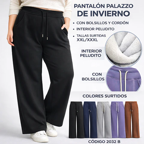 Pantalón palazzo con bolsillos térmicos interior peluditos #2032 B TALLAS ESPECIAL SURTIDAS XXL/XXXL y 5 colores surtidas la docena 
