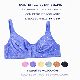 Sostén señora algodón copa E/F sin barbas y rellenos tallas y colores surtidas la docena 