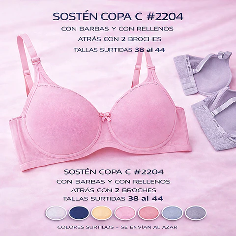 Sostén copa C con barbas y rellenos tallas y colores surtidas la docena 