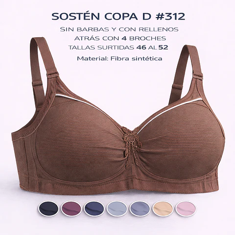 Sostén copa D sin barbas y con rellenos con 4 broches tallas y colores surtidas la docena 