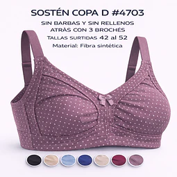 Sostén señora algodón copa D sin barbas y rellenos tallas y colores surtidas la docena