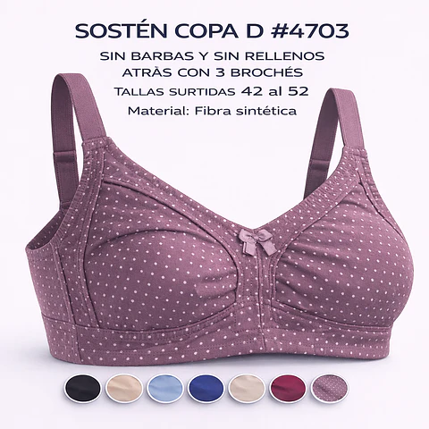 Sostén señora algodón copa D sin barbas y rellenos tallas y colores surtidas la docena