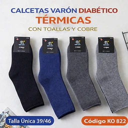 Calcetas varón DIABÉTICO SIN COSTURA térmicas con toallas y cobre talla única 39/45 la docena