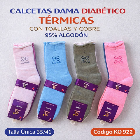 Calcetas dama DIABÉTICO SIN COSTURA térmicas con toallas y cobre talla única 36/41 la docena