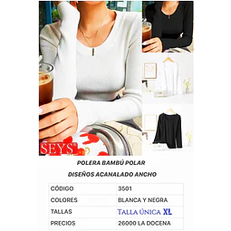 Camiseta SEYS dama BAMBÚ CON POLAR 3501 DISEÑOS ACANALADO ANCHO talla única XL Y colores 8 NEGRO + 4 BLANCO la docena 