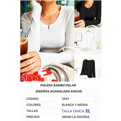 Camiseta SEYS dama BAMBÚ CON POLAR 3501 DISEÑOS ACANALADO ANCHO talla única XL Y colores 8 NEGRO + 4 BLANCO la docena 